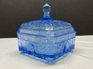 Vintage Indiana Glass Honey Bee Hive Blue Tiara Candy Bowl Dish W/ Lid & Sticker
