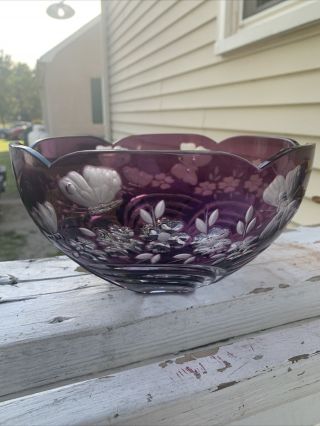 Design Guild Signed Purple Amethyst Butterfly Heavy Crystal Bowl 9in