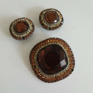 Vintage C.  1940s Orange Glass Gems Pin Brooch & Clip On Earrings Jewellery Set