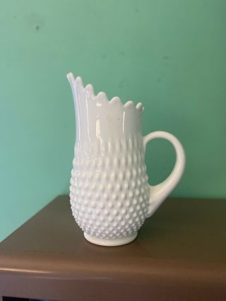 Mid Century Vintage Footed Hobnail White Milk Glass Stretch Swung Pitcher Vase