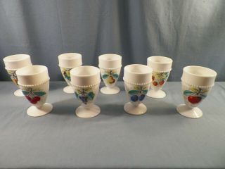 Set Of 8 Westmoreland Milk Glass Beaded Edge Footed Tumblers Fruit Decorations