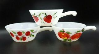 Set Of 3 Vintage Milk Glass Handled Bowl Hand Painted Fruit Cherry Apple Berry