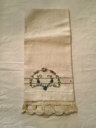 Vintage Linen Display Towel Hand Embroidered Floral Design Crochet Edge