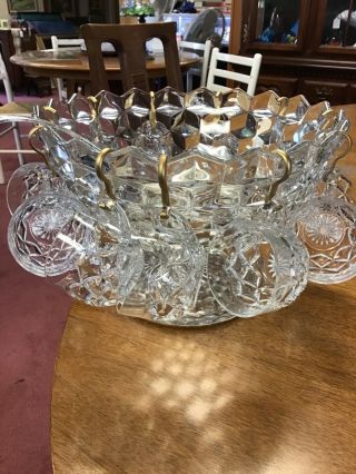 Gorgeous Fostoria Punch Bowl With 11 Cups With Attched Pedestal.  Pressed Glass