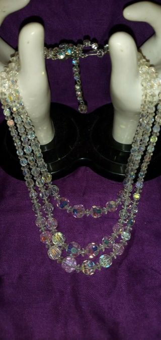 Vintage 1950s Aurora Borealis Triple Strand Statement Glass Crystal Necklace