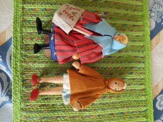 7” Vintage Set Of 2 Girl Handmade Wooden Dolls From Poland Painted Face