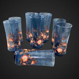 Libbey Franco Set Of 8 Drinking Glasses Blue Tint Orange Poppy Floral 6.  5”t