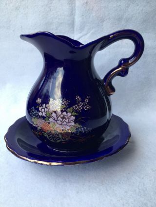 Vintage Cobalt Blue Gilded Mini Water Pitcher And Basin Floral Design Glazed