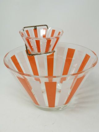 Mid Century Modern Orange And White Striped Glass Chip And Dip Bowls With Holder
