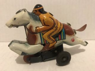 Vintage Yone (yoneya) Friction Toy Native American Indian On Horse Tin Toy Japan