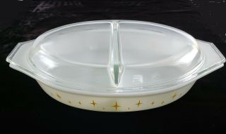 Pyrex Constellation Divided Casserole Dish Yellow Starburst 1.  5 Qt Oval W/ Lid
