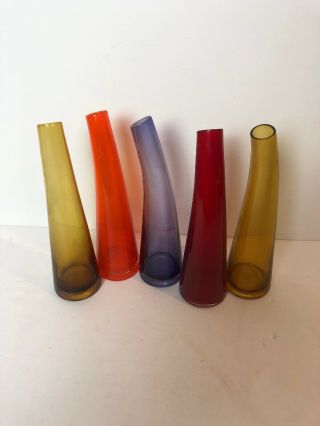 Vintage Modern Set Of 5 Hand Blown Art Glass Vases Red,  Purple,  Orange,  Yellow X2