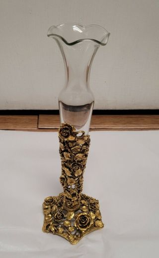 Vintage Matson Rose Floral Bud Vase 24k Gold Plated Ormolu W/ Glass Insert