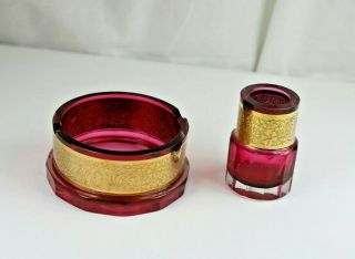 Antique Moser Cranberry Glass With Gold Band Two Piece Smoking Set