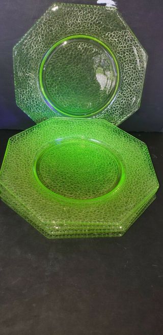 L.  E.  Smith Crackle By Cracky Octagon Yellow Plates 8 " Set Of 5 Nos Uv Glow