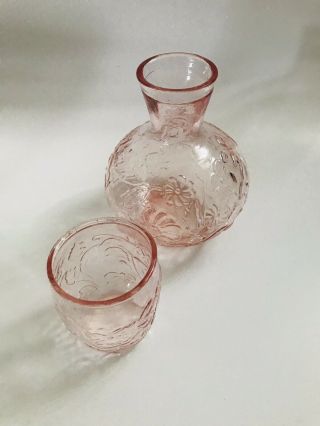 Vintage Pink Floral Glass Water Bedside Carafe Tumbler Set 3