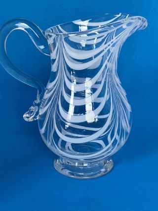 Hand Made Blown Glass Pitcher Etched White Geometric Stripe Clear 7”