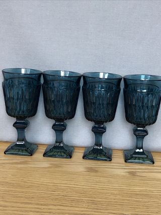 Vintage Indiana Glass Mt Vernon Blue Pedestal Water Wine Goblet Glasses Set 4