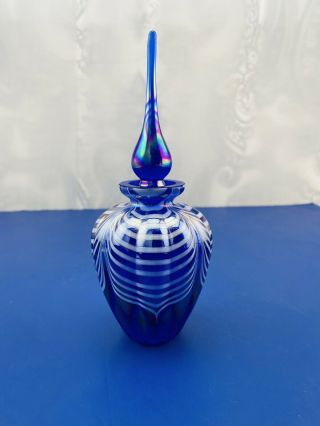 1 Stunning 6”vintage Blue Cobalt White Striped Glass Perfume Bottle With Stopper