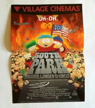 Vintage 1999 South Park Movie Promo Poster Village Cinemas Bigger Longer & Uncut