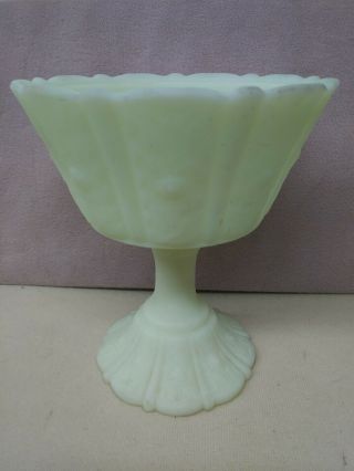 Fenton Lime Green Satin Custard Vaseline Glass Compote Pedestal Bowl Vintage A