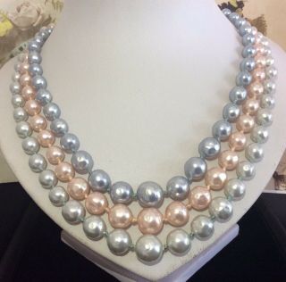 Vintage High End 50s Pretty Baby Blue Pink Glass Pearl 3 Strand Knotted Necklace