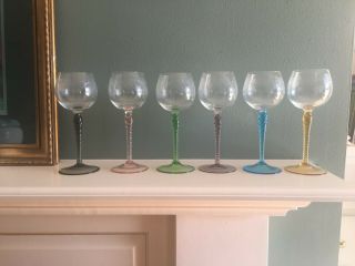 Set Of 6 Vintage Wine Glasses Twisted Colored Stems And Etched Bowles