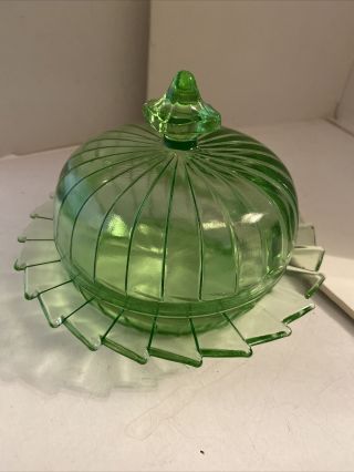 Green Art Deco Depression Glass Jeannette Butter Dish W Lid Sierra Pinwheel