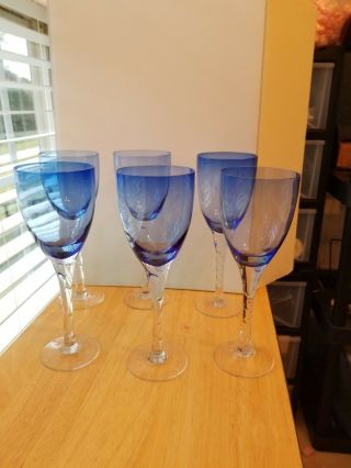 Set Of 6 Fblue Bowl Wine Water Glasses Clear Twisted Stem Tulip 10 Ounces 9 "