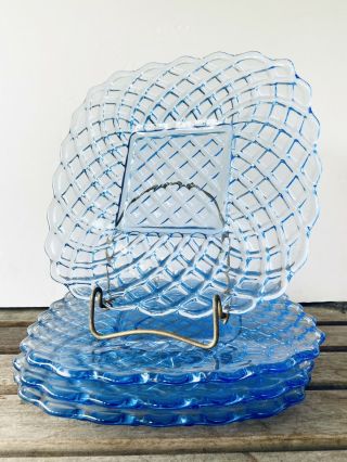 Vintage Set Of 4 L.  E.  Smith Glass Trellis Blue 9” Plates Basket Weave