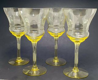 Vintage Optic Panel Depression Glass Set Of 4 Yellow Wine/water Goblets 7 3/8 "
