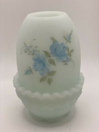 Vintage Fenton Art Glass Fairy Light Candle Holder Blue Roses Blue Satin Signed