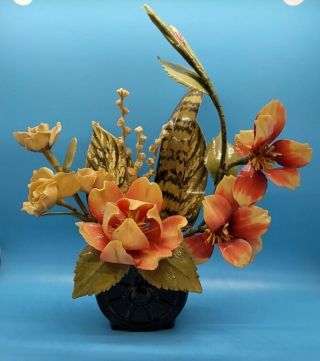 Vintage Mid Century Pottery Wagon Wheel Plastic Flowers Floral Arrangement