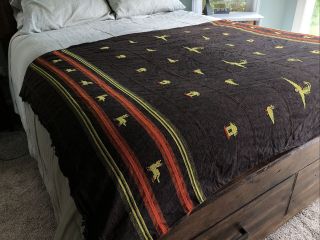 Vintage Hand Woven Tapestry Or Blanket,  Cat House Peacock Navajo Bird,  48x68in