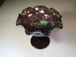 Old Imperial Glass Scroll Embossed Purple Carnival Glass Compote