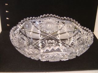Vintage American Brilliant Cut Glass Oval Bowl Hobstars And Diamond Points 9 "