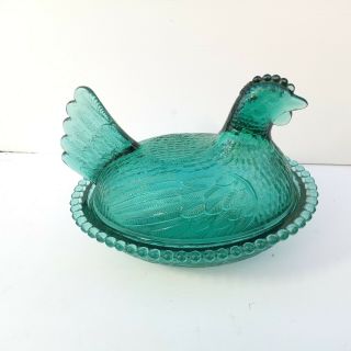 Mid - Century Vintage Indiana Glass Blue Green Hen On Nest Candy Dish