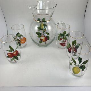 Vintage West Virginia Glass Co Gold Trim Pitcher & 5 Glass Tumblers With Fruit