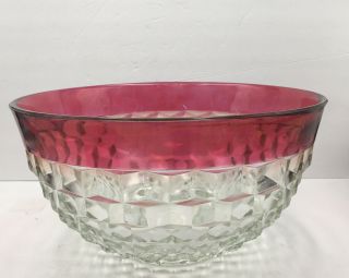 Indiana Glass Cube Low Foot Punch Bowl Crystal W/ Red Rim Cubist Vintage