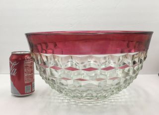 Indiana Glass Cube Low Foot Punch Bowl Crystal w/ Red Rim Cubist Vintage 2