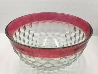 Indiana Glass Cube Low Foot Punch Bowl Crystal w/ Red Rim Cubist Vintage 3