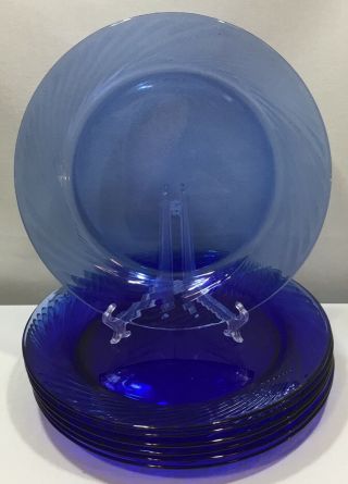 Pyrex Cobalt Blue Glass Swirl Set Of 7 Dinner Plates 10 5/8” Usa