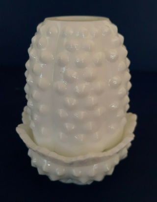 Vtg Fenton Art Glass Fairy Lamp White Hobnail Milk Glass Candle Holder 4.  75 " Euc