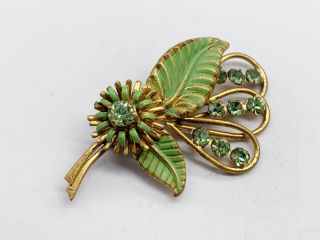 Vintage Peridot Glass Set Art Deco Green Enamel Flower Ladies Pin Brooch