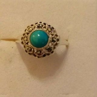 Vintage Sterling Silver Ring With Turquoise Cabochon And Marcasite Size K,