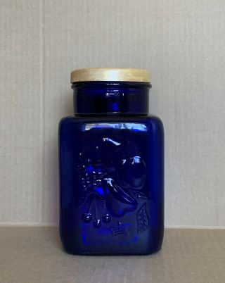 Vintage Heavyweight Cobalt Blue Glass Square Canister With Wooden Lid 8 3/8” H