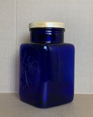 Vintage Heavyweight Cobalt Blue Glass Square Canister With Wooden Lid 8 3/8” H 2