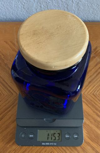 Vintage Heavyweight Cobalt Blue Glass Square Canister With Wooden Lid 8 3/8” H 3