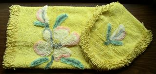 Vintage Chenille Bathroom Rug W/ Toilet Seat Cover,  Yellow Floral