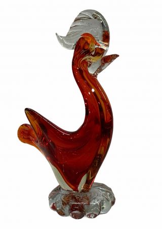 Vintage Murano Art Glass Figurine Rooster Chicken Orange Red 6”
